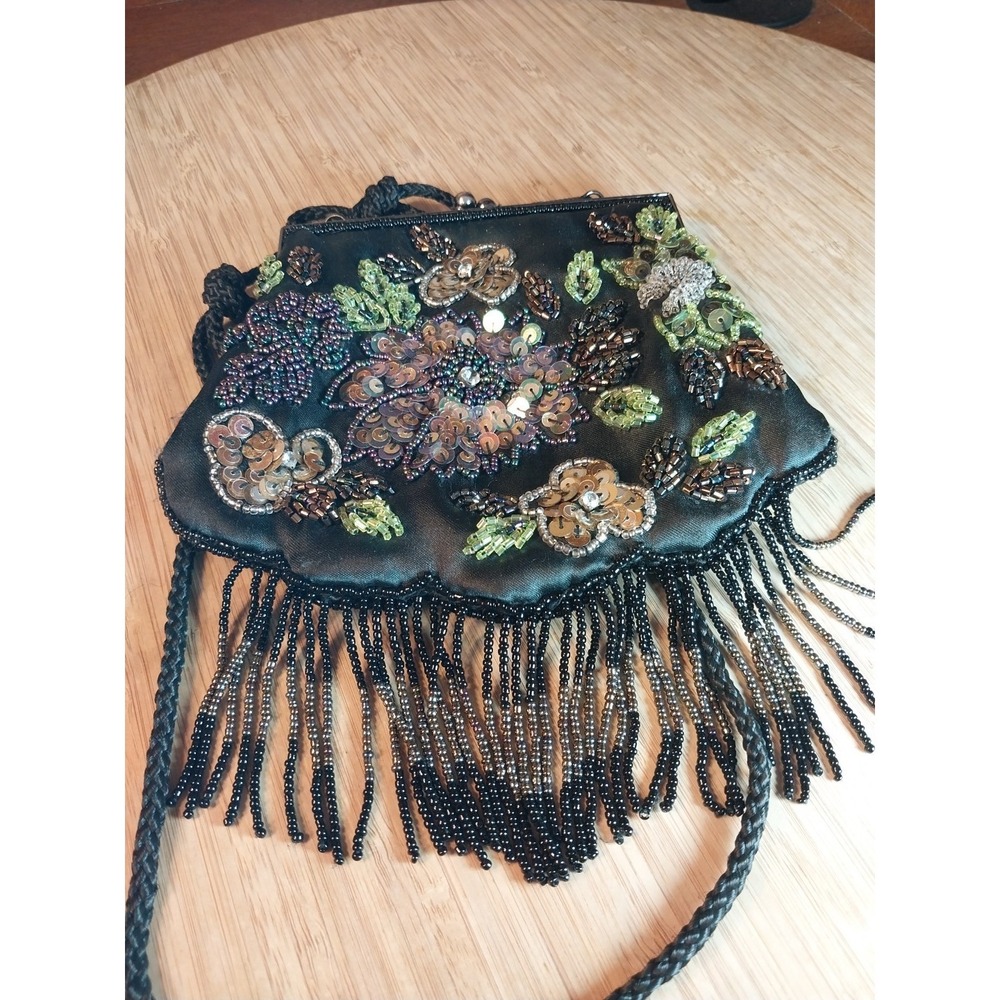 Lancome Black Multi Color Beaded Sequined Small 6" Snap Evening Bag Corded Strap - Picture 14 of 16